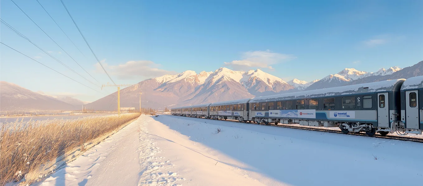 Visuel du Travelski Night Express illustrant le voyage en train de nuit vers les Alpes pour les vacances au ski.