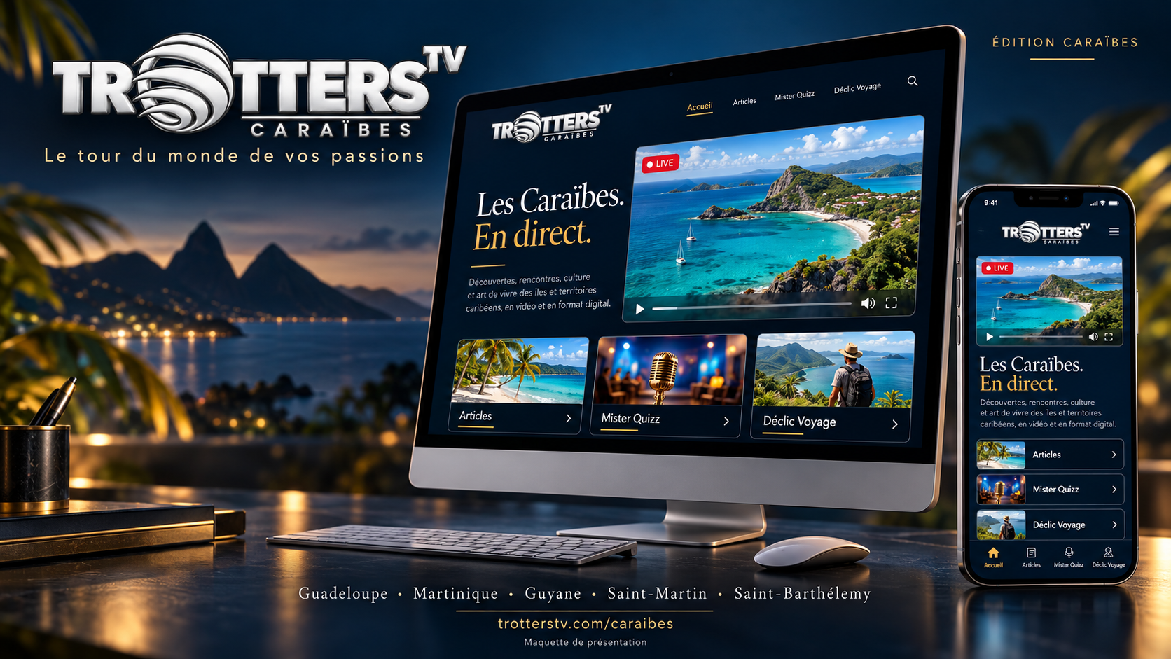 Maquette de présentation de Trotters TV Caraïbes sur ordinateur et mobile