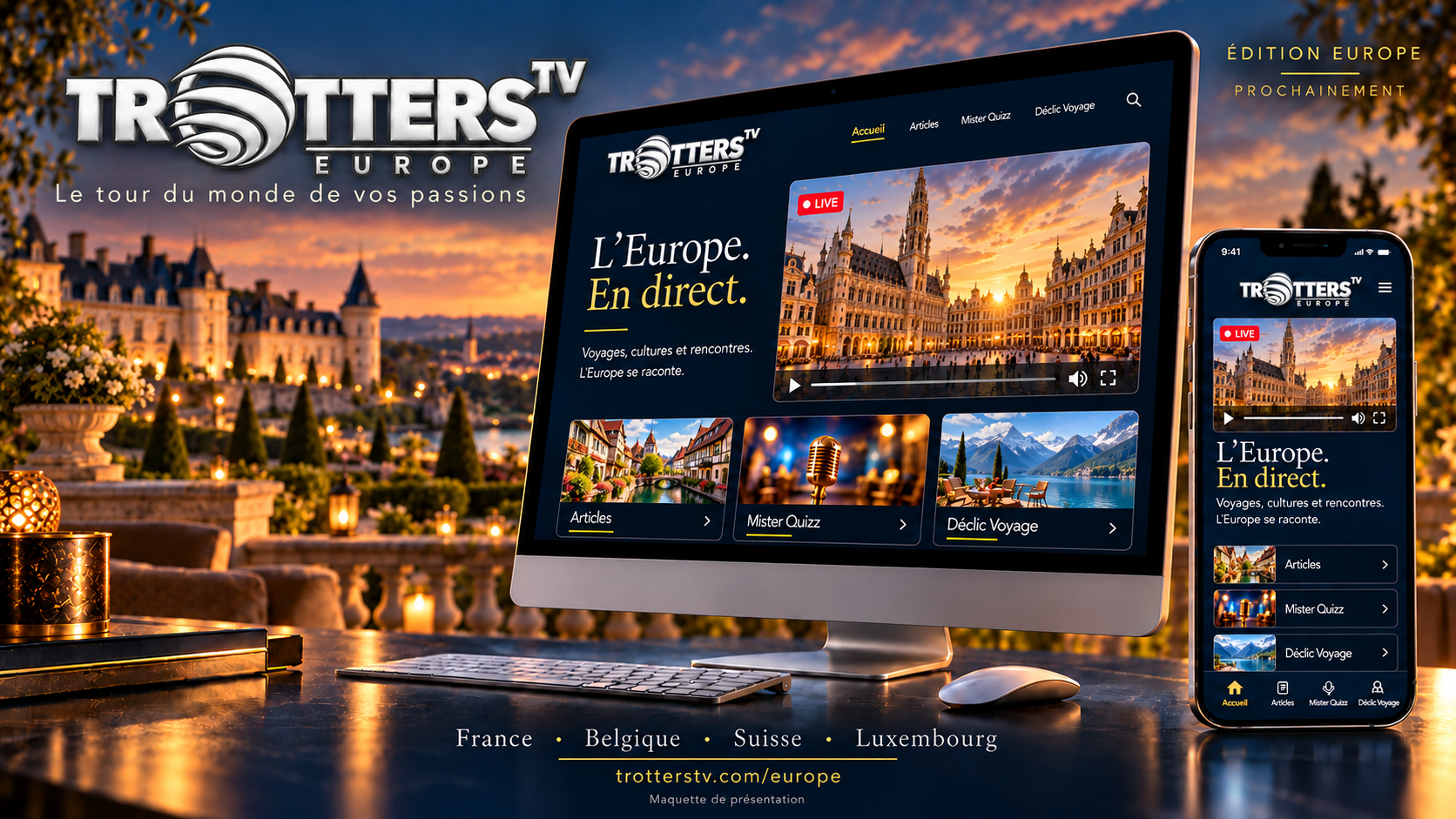 Maquette de présentation de Trotters TV Europe sur ordinateur et mobile