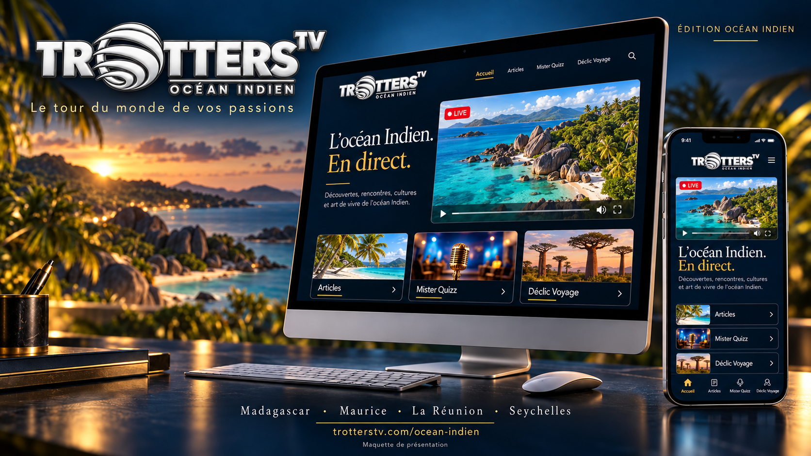 Maquette de présentation de Trotters TV Océan Indien sur ordinateur et mobile