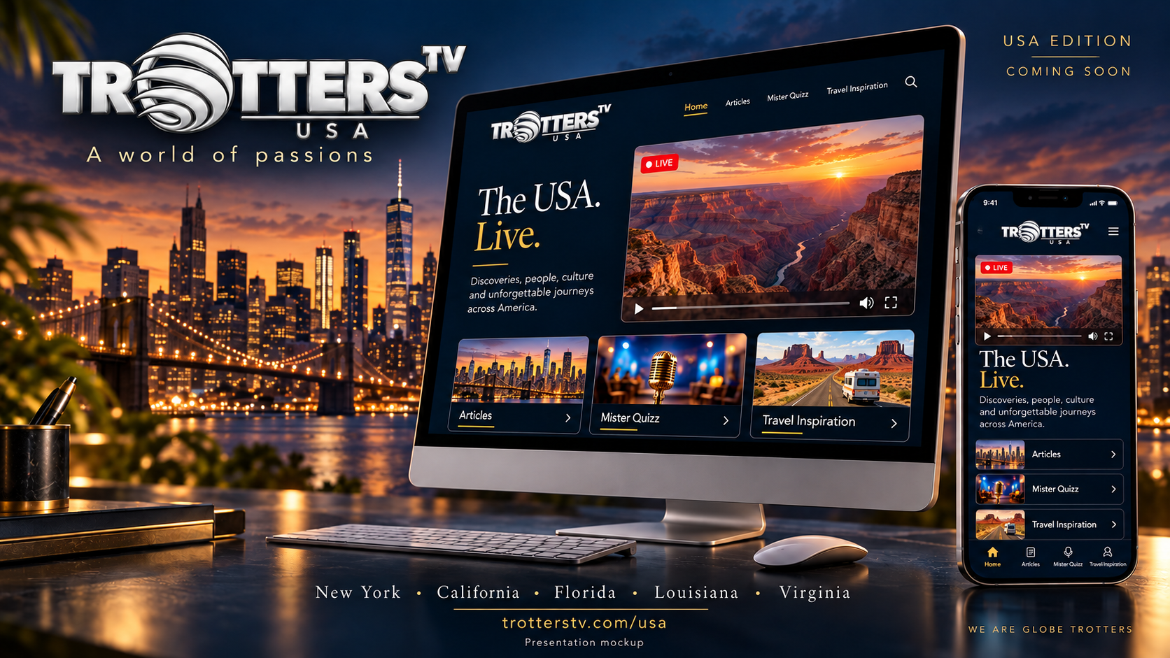 Trotters TV USA presentation mockup on desktop and mobile